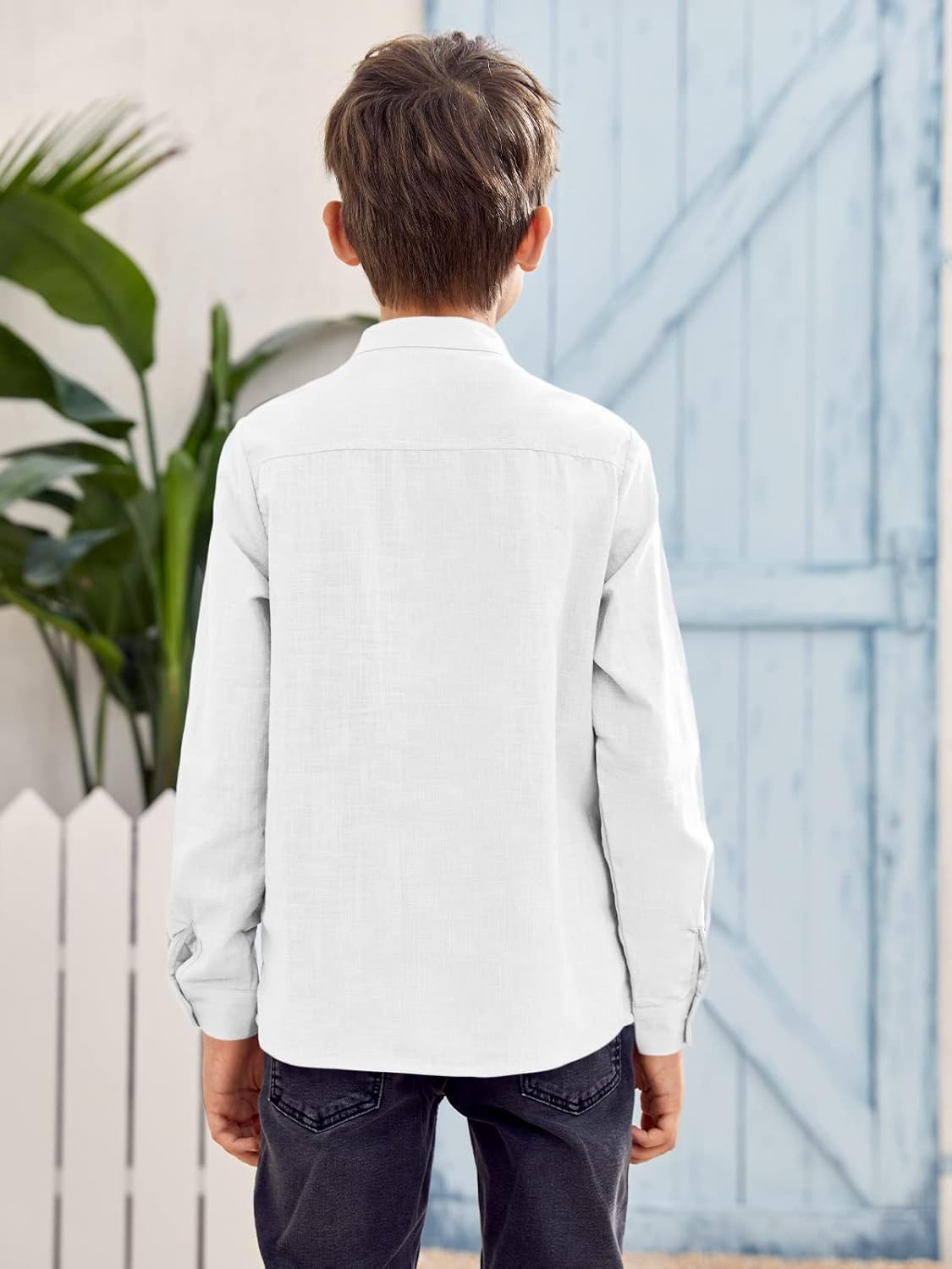 Inorin Camicia da ragazzo in lino con bottoni Henley a maniche lunghe, in cotone leggero, con una tasca