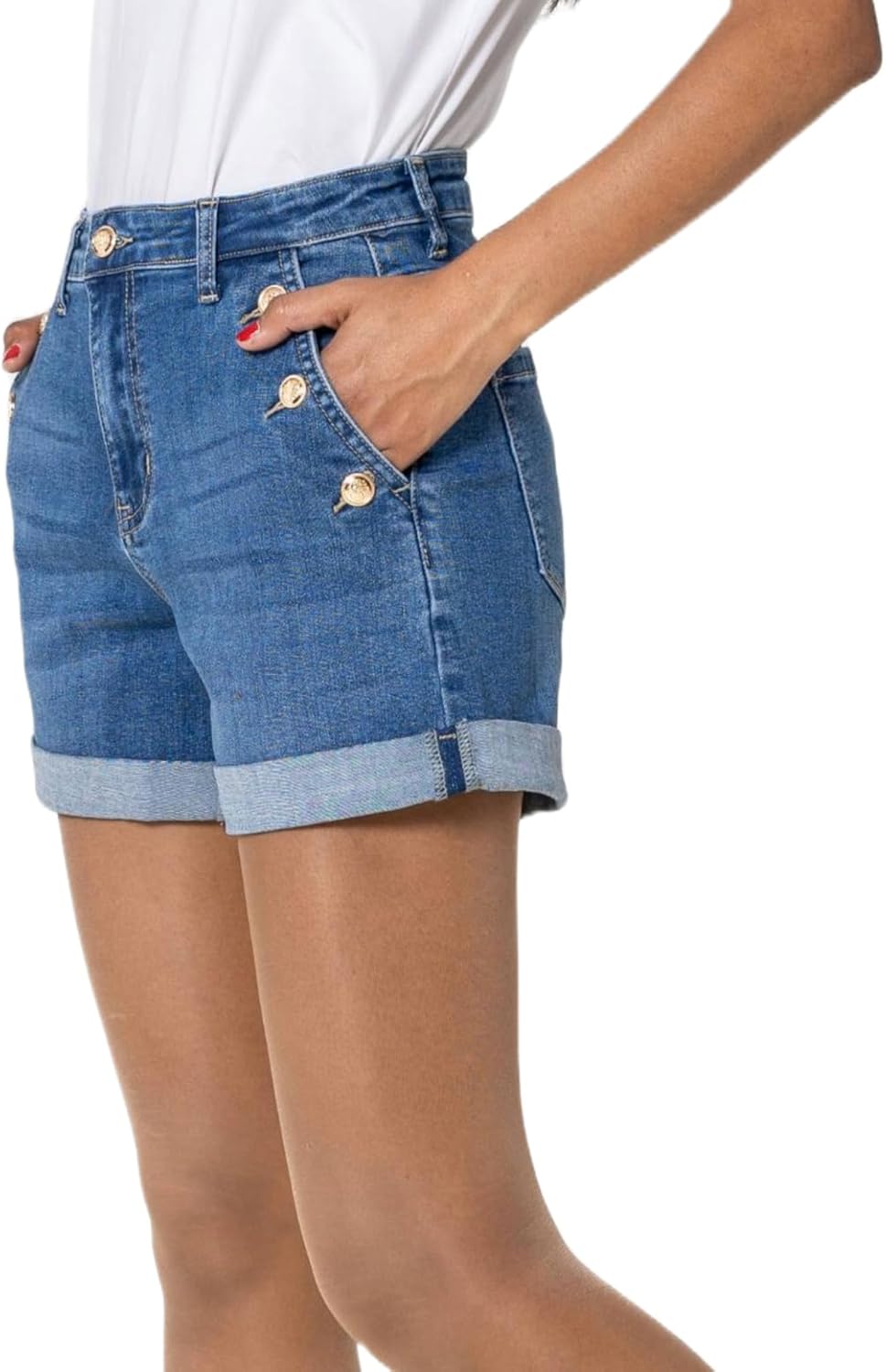 Nina Carter Pantaloncini da donna a vita alta, in jeans, look usato, eleganti pantaloncini estivi in denim