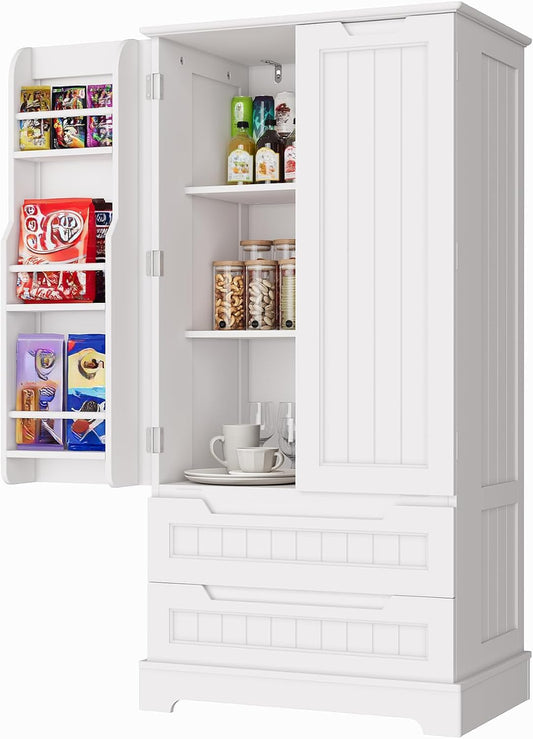 Bealife Credenza Armadio da Cucina, Armadio da Cucina con 2 Cassetti e 2 Ante, Mobile da Cucina Indipendente per la Cucina Bianco