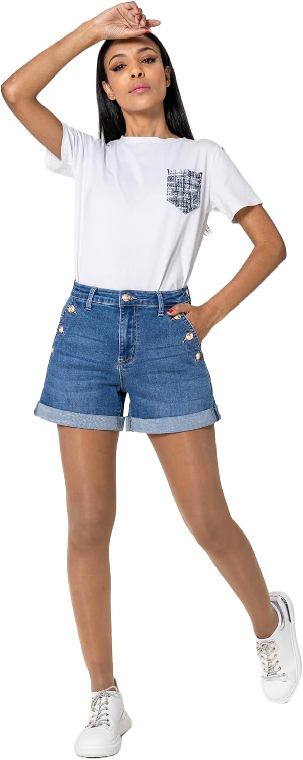Nina Carter Pantaloncini da donna a vita alta, in jeans, look usato, eleganti pantaloncini estivi in denim