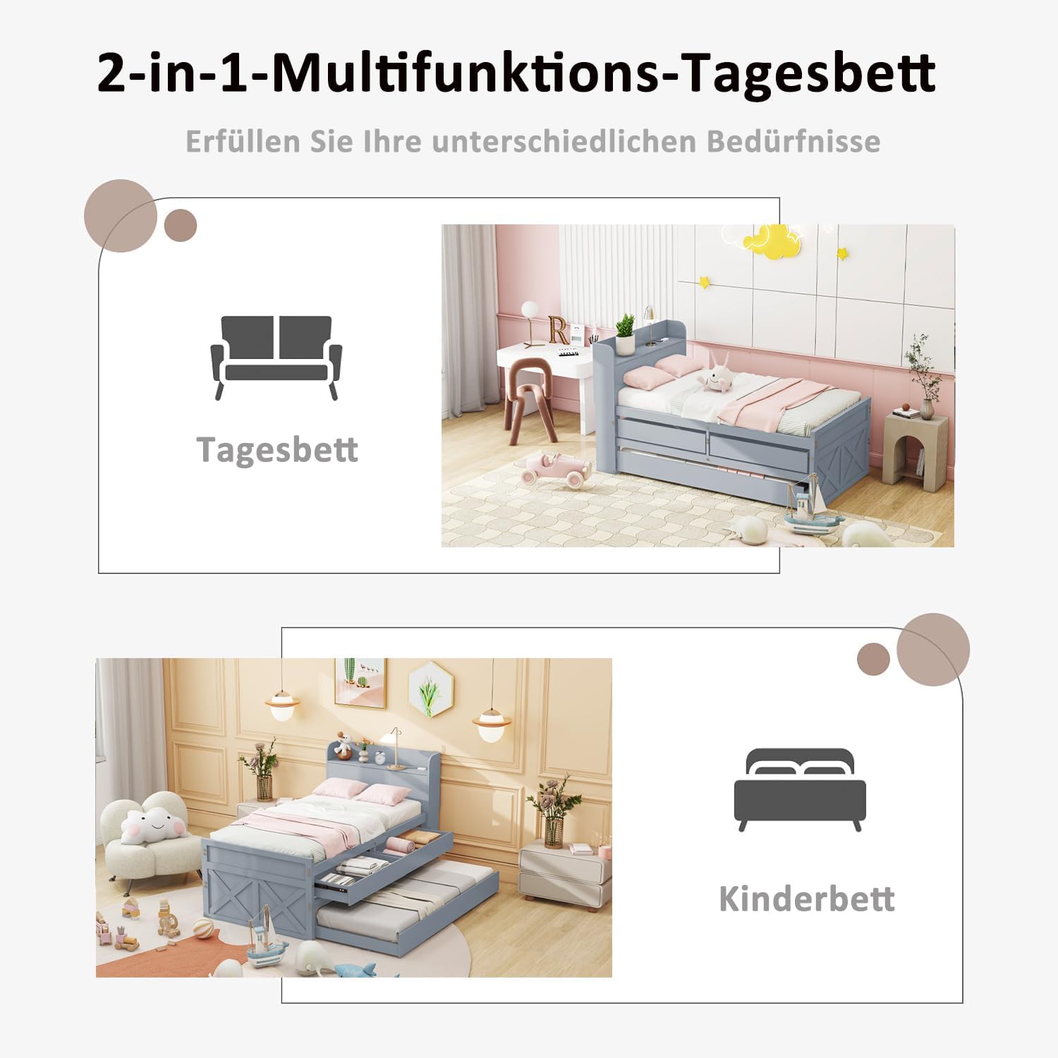 Letto singolo 90 x 190 cm, in legno di pino massiccio, multifunzione, con cassetto estraibile, rete a doghe, comodino con ripiani con presa USB, letto per ragazzi (grigio)