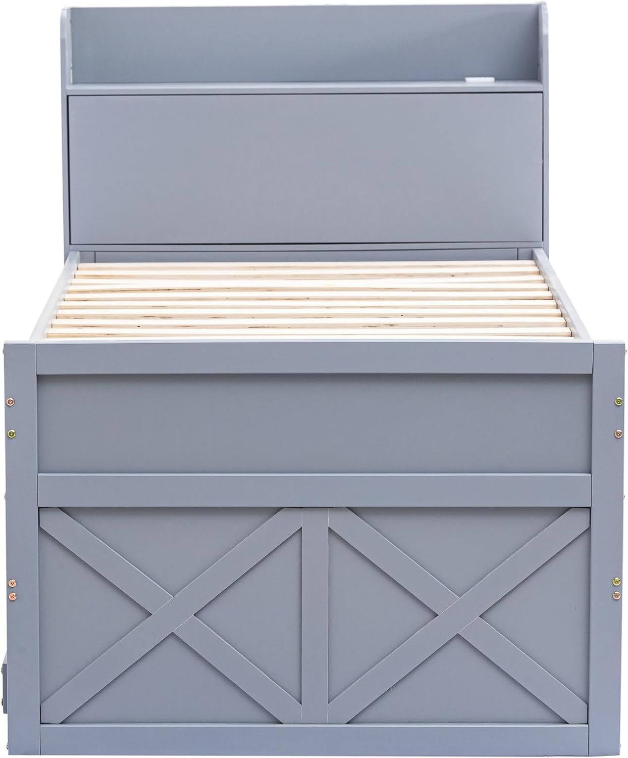 Letto singolo 90 x 190 cm, in legno di pino massiccio, multifunzione, con cassetto estraibile, rete a doghe, comodino con ripiani con presa USB, letto per ragazzi (grigio)