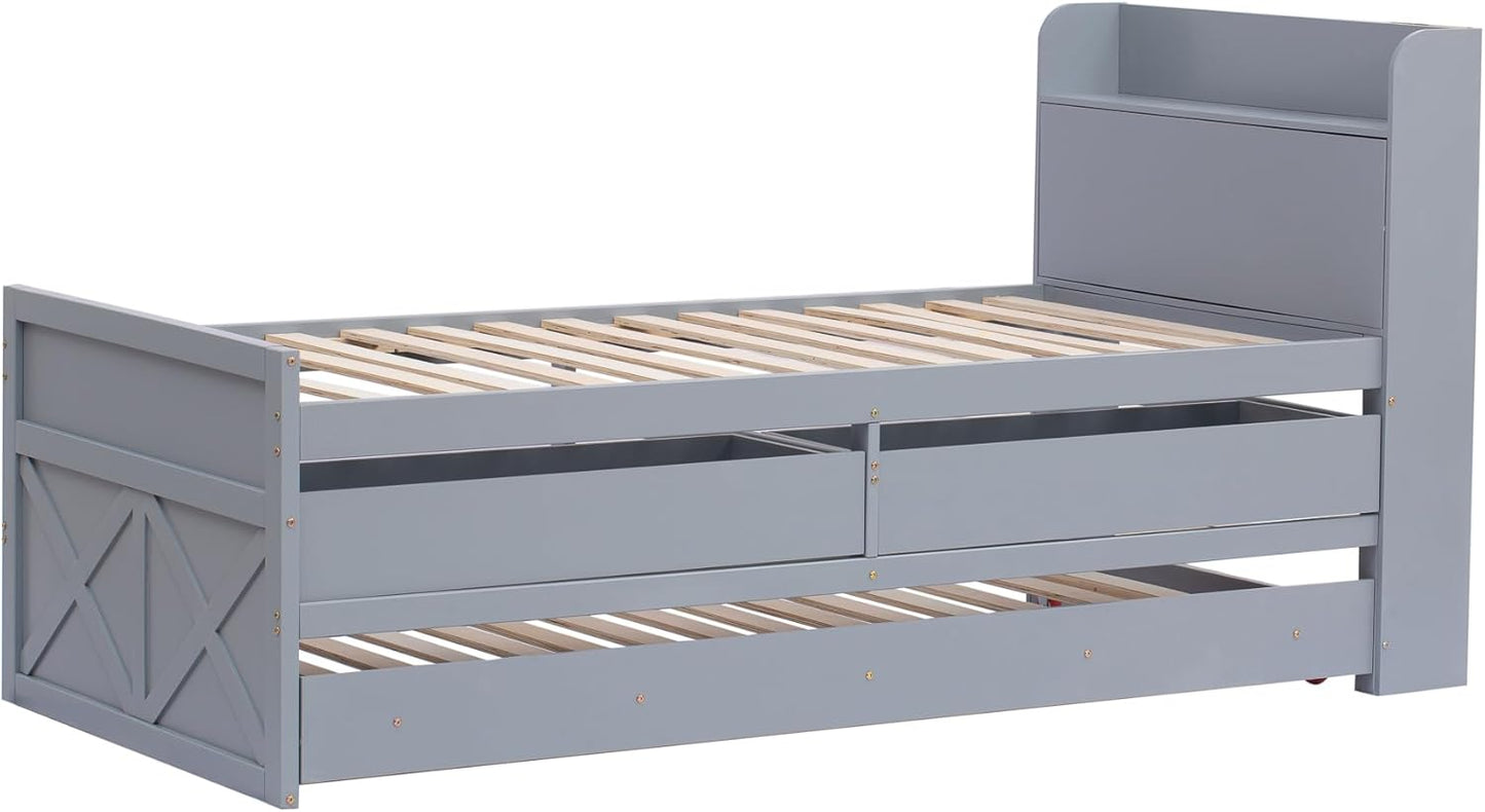 Letto singolo 90 x 190 cm, in legno di pino massiccio, multifunzione, con cassetto estraibile, rete a doghe, comodino con ripiani con presa USB, letto per ragazzi (grigio)