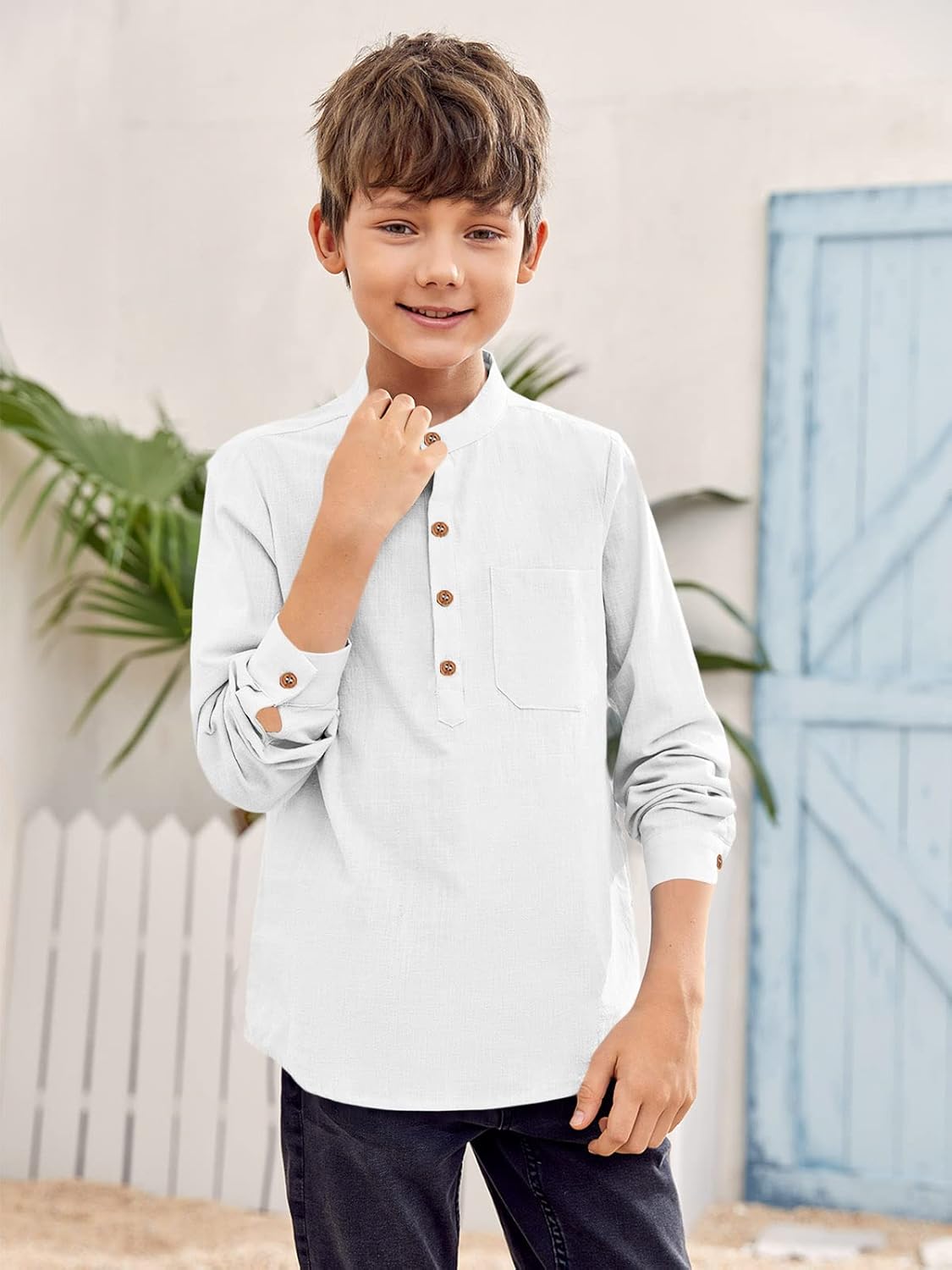 Inorin Camicia da ragazzo in lino con bottoni Henley a maniche lunghe, in cotone leggero, con una tasca