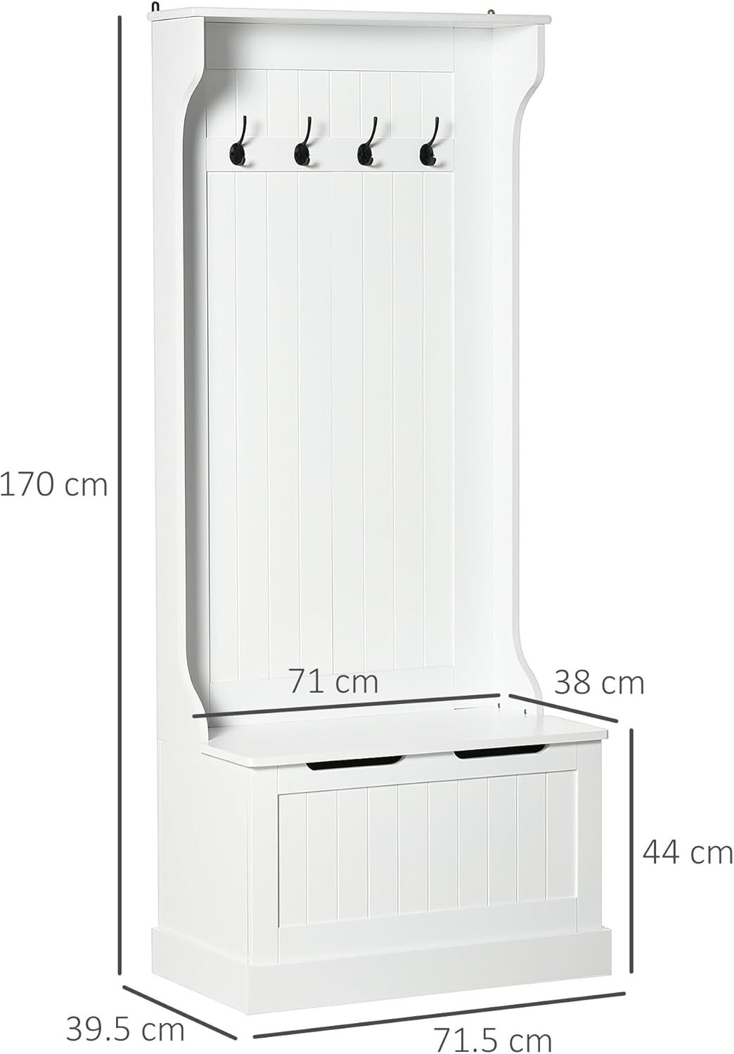 HOMCOM 3 in 1 Appendiabiti da Ingresso con Scarpiera, Attaccapanni da Terra Salvaspazio con 4 Ganci e Panca Contenitore, in MDF, per Corridoio, Camera da Letto, 71.5x39.5x170 cm, Bianco