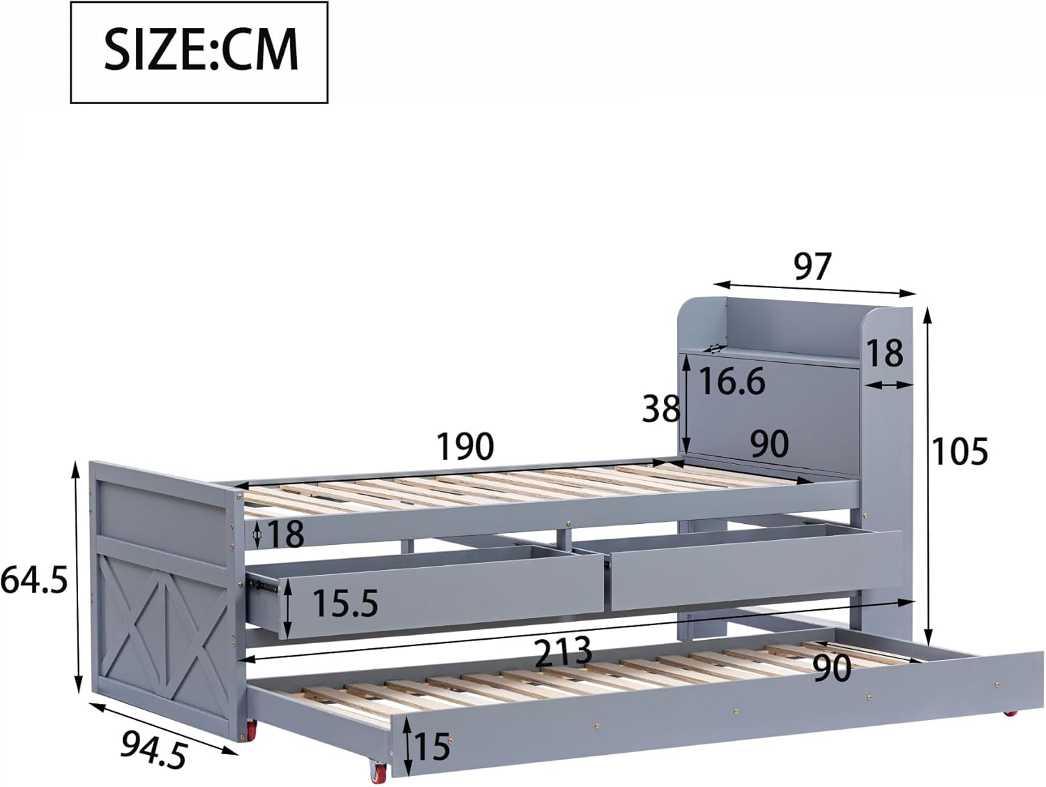 Letto singolo 90 x 190 cm, in legno di pino massiccio, multifunzione, con cassetto estraibile, rete a doghe, comodino con ripiani con presa USB, letto per ragazzi (grigio)