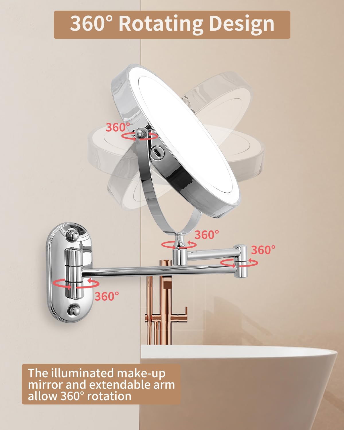 Specchio cosmetico con Ingrandimento, a LED da barba da parete girevole a 360° per bagno con illuminazione 1X / 10X