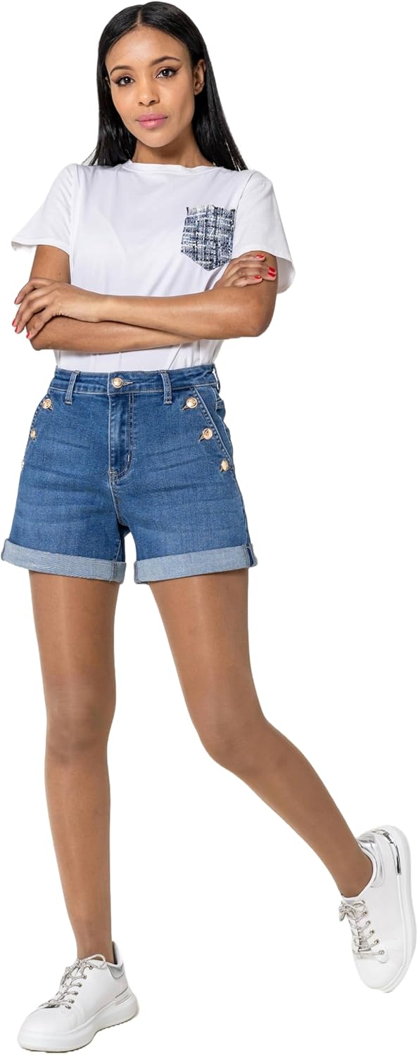 Nina Carter Pantaloncini da donna a vita alta, in jeans, look usato, eleganti pantaloncini estivi in denim