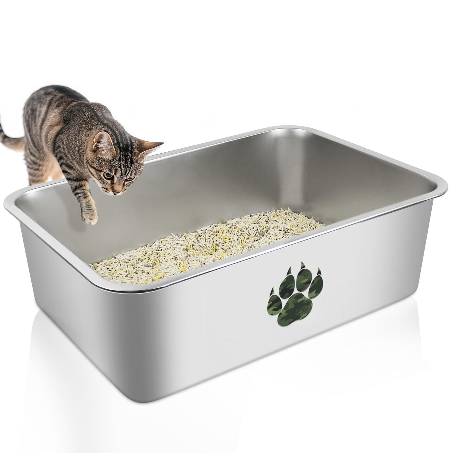 PTLOM Lettiera per gatti in acciaio inossidabile, grande lettiera per gatti in metallo, antispruzzo, inodore e antiaderente, adatta per gatti grandi e piccoli, conigli, zampa di Tabby, 60x40x15cm