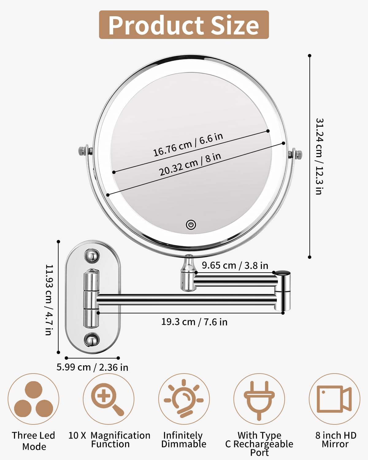 Specchio cosmetico con Ingrandimento, a LED da barba da parete girevole a 360° per bagno con illuminazione 1X / 10X