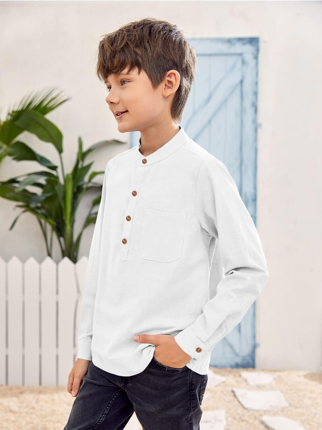Inorin Camicia da ragazzo in lino con bottoni Henley a maniche lunghe, in cotone leggero, con una tasca
