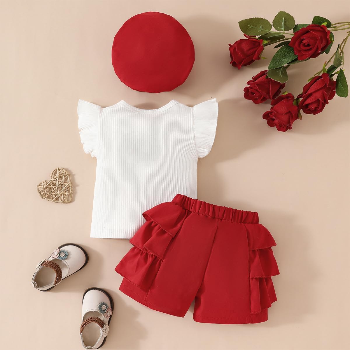 LUVCES Abbigliamento Bambina Estivi Set Maniche a Balze Fiocco di Perle Top + Pantaloncini con Orlo a Balze +Berretto 3 Pezzi Eleganti Completo Set