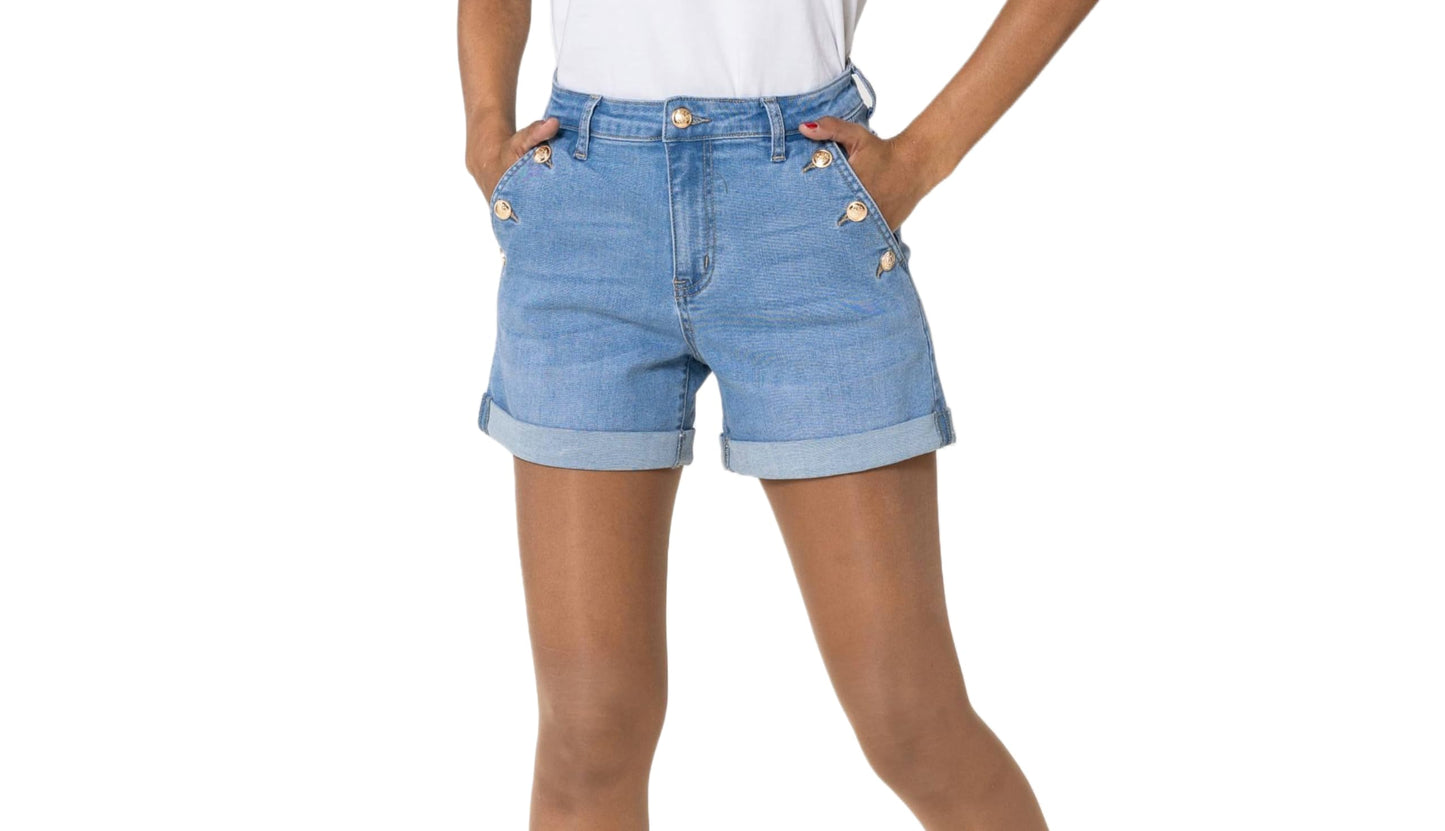 Nina Carter Pantaloncini da donna a vita alta, in jeans, look usato, eleganti pantaloncini estivi in denim