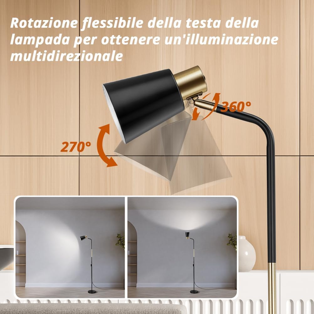 OUSFOT Lampada da Terra Vintage 230V Piantana Moderna Lampada E27 max 40W Lampada da Divano in metallo con altezza 146cm Lampada Lettura per Salotto, Camera da Letto, Studio (Senza Lampadine) Nero