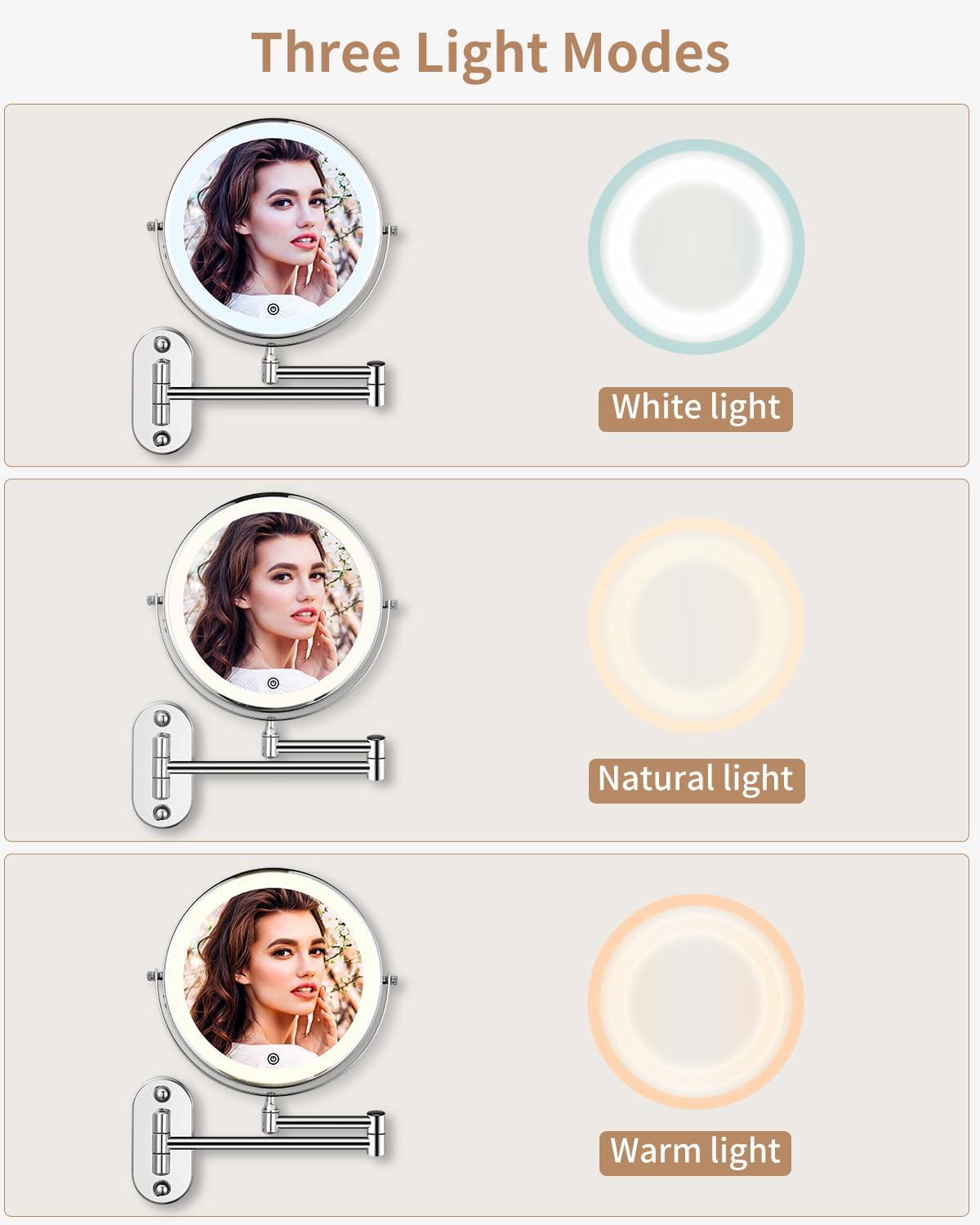 Specchio cosmetico con Ingrandimento, a LED da barba da parete girevole a 360° per bagno con illuminazione 1X / 10X