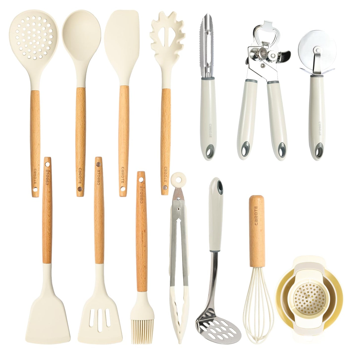 CAROTE Utensili Cucina Silicone 10 pezzi, Utensili da cucina antiaderenti resistenti al calore con manico,Cucchiai, palette e spatole in legno per cucinare,cuocere al forno, senza BPA, Lavastoviglie