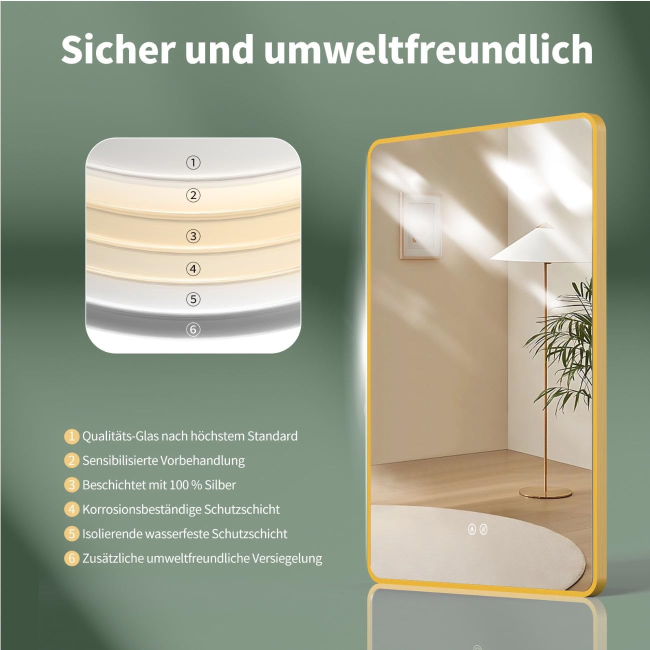 Specchio-bagno LED antiappannamento 50x70/70x50cm (verticale/orizzontale) con cornice dorato. Specchio per il trucco con Interruttore Tattile+ Variazione di Luce bianca calda-fredda-neutra