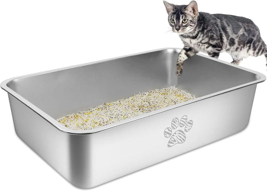 PTLOM Lettiera per gatti in acciaio inossidabile, grande lettiera per gatti in metallo, antispruzzo, inodore e antiaderente, adatta per gatti grandi e piccoli, conigli, zampa di Tabby, 60x40x15cm
