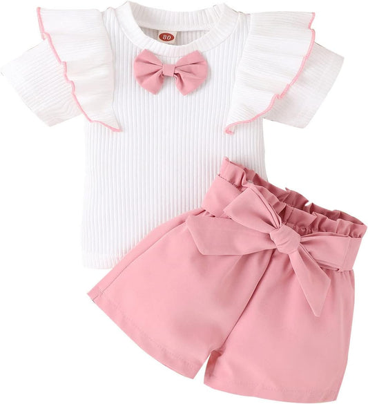 2 Pezzi Completo Bambina Estivo Bambine Abbigliamento Estivo Top con Maniche A Volant E Pantaloncini per Bambini Pagliaccetto Neonato Estivo Vestiti Neonato Femmina