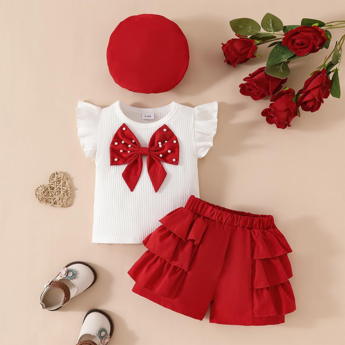 LUVCES Abbigliamento Bambina Estivi Set Maniche a Balze Fiocco di Perle Top + Pantaloncini con Orlo a Balze +Berretto 3 Pezzi Eleganti Completo Set