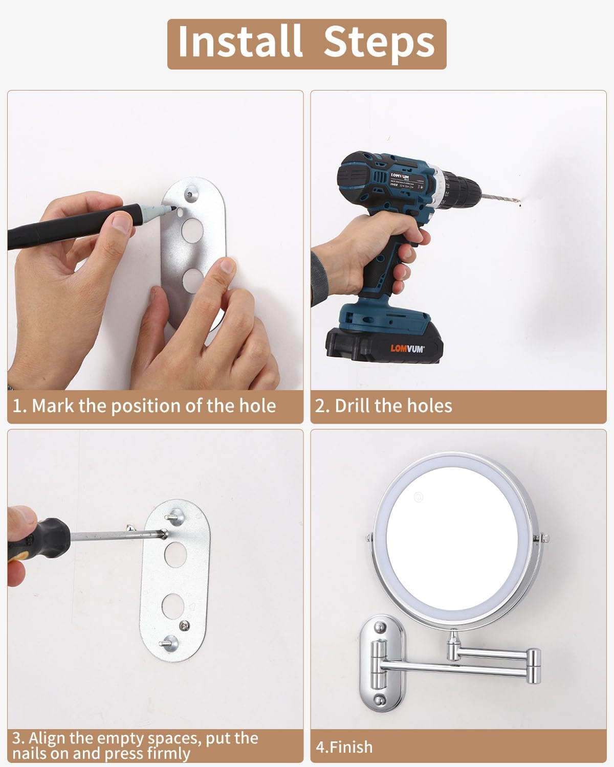 Specchio cosmetico con Ingrandimento, a LED da barba da parete girevole a 360° per bagno con illuminazione 1X / 10X