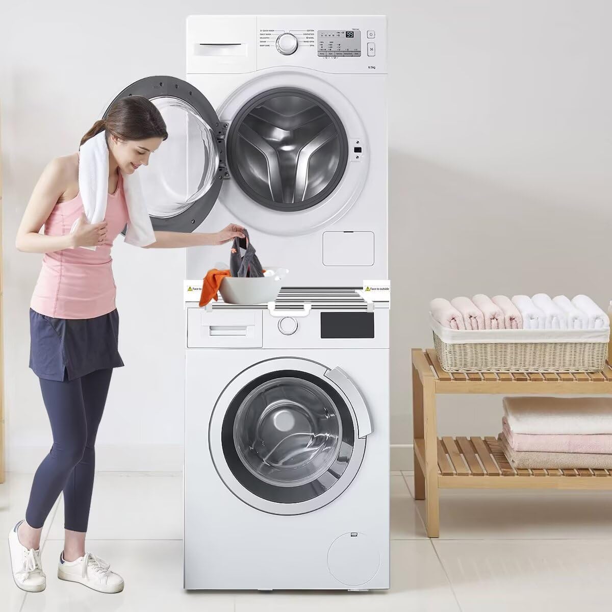 NIUXX Telaio intermedio con stendibiancheria, telaio di collegamento lavatrice asciugatrice universale, kit telaio intermedio con portasciugamani estensibile, misura regolabile (53-68 cm)