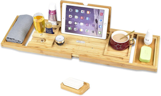 Vassoio di Bambù Retrattile Vasca da Bagno,Vassoio espandibile Pieghevole in Bambù con Supporto per Bicchiere di Vino,Supporto per iPad e Portasapone per la Casa,la Spa e il Vassoio