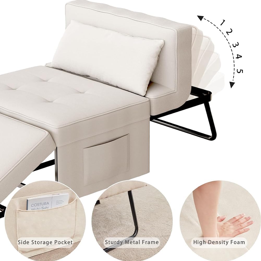 Divano Letto 4 in 1 con Tasca Portaoggetti Laterale, Divanetto Seduta Morbida e Imbottita ad Alta Densità Trasformabile Chaise Longue, Ottomana, Poggiapiedi, Letto (Beige)