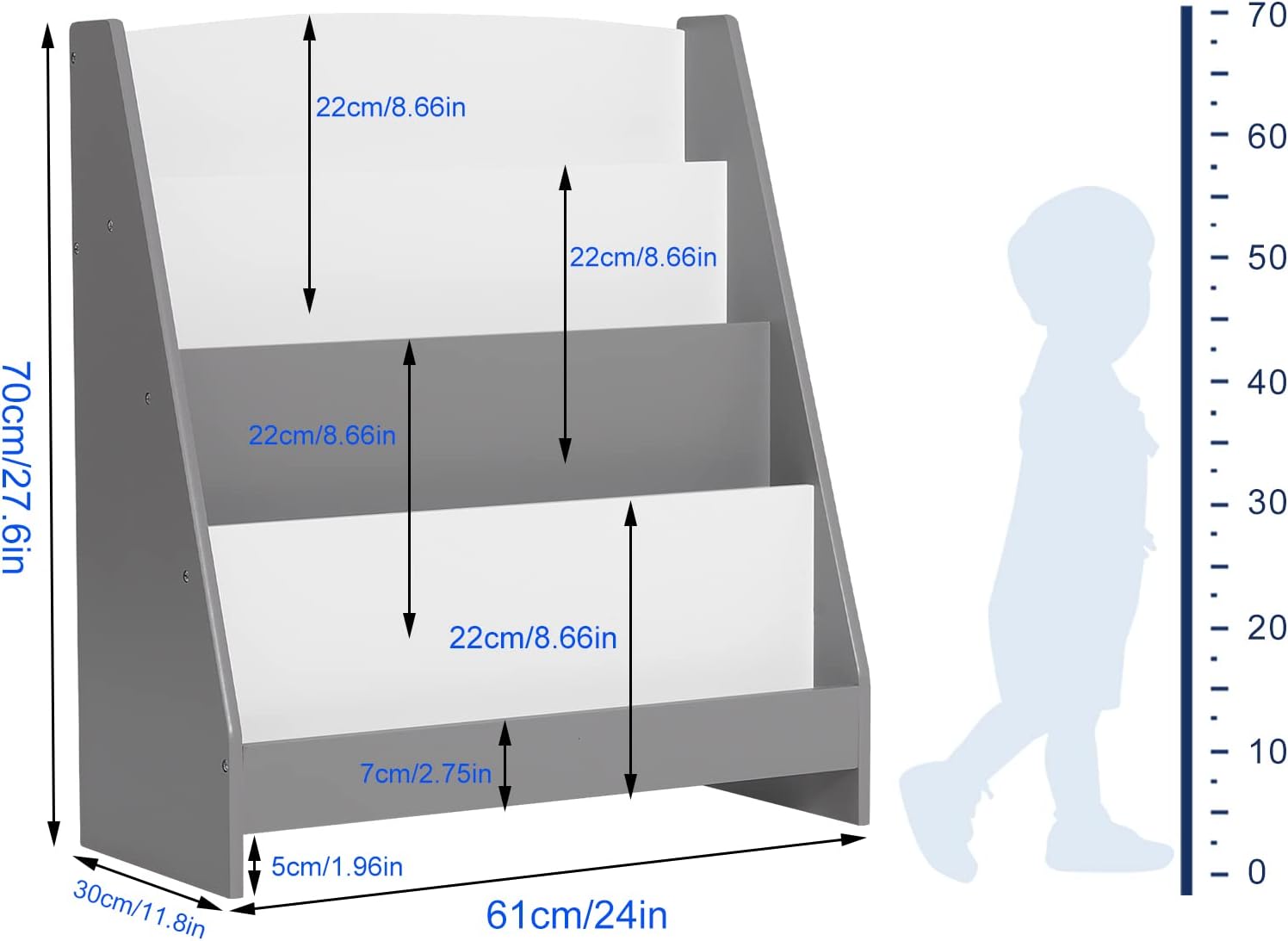 Lestarain Libreria Montessoriana per Bambini in Legno, Mobiletto Porta Libri con 4 Scomparti Aperti, Scaffale per Libri da Terra per Cameretta, Bianco e Grigio, 61x30x70cm