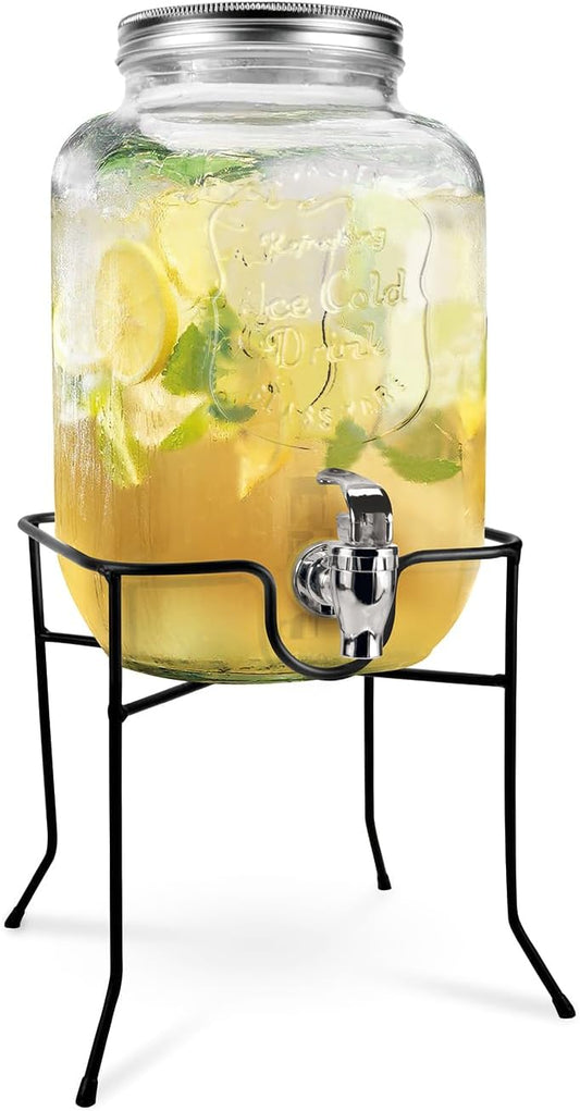 Jocca, Dispenser per Bevande in Vetro con Supporto Metallico, Serbatoio dell'acqua, Tappo a vite, Bevande Varie, Acqua, Succhi, Ghiaccio, Frutta, Cocktails, Infusi, 4 Litri