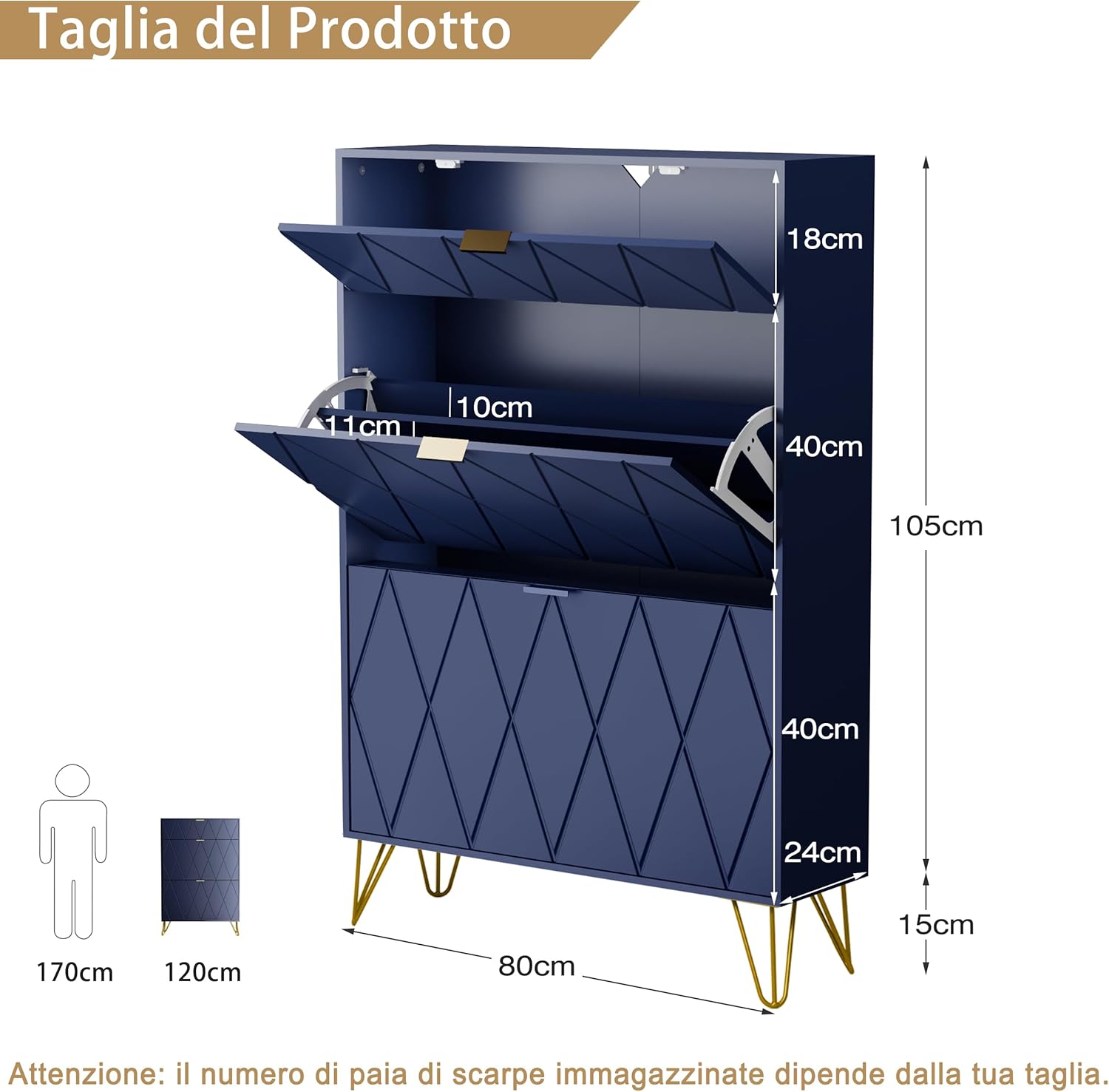 UEV Scarpiera Salvaspazio Slim in Legno Ingegnerizzato, Scarpiera Ingresso da Portascarpe con 3 Ante a Ribalta, Porta Scarpe per 16 Paia, 80 x 24 x 120 cm, Blu
