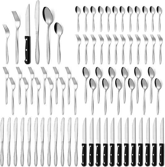 Set Posate, Gymdin Posate Acciaio Inox 12 Persone, Set Posate 72 Pezzi, Set di Posate di Alta Qualità con Coltello da Bistecca, Coltello, Forchetta, Cucchiaio, Elegante Acciaio Inossidabile