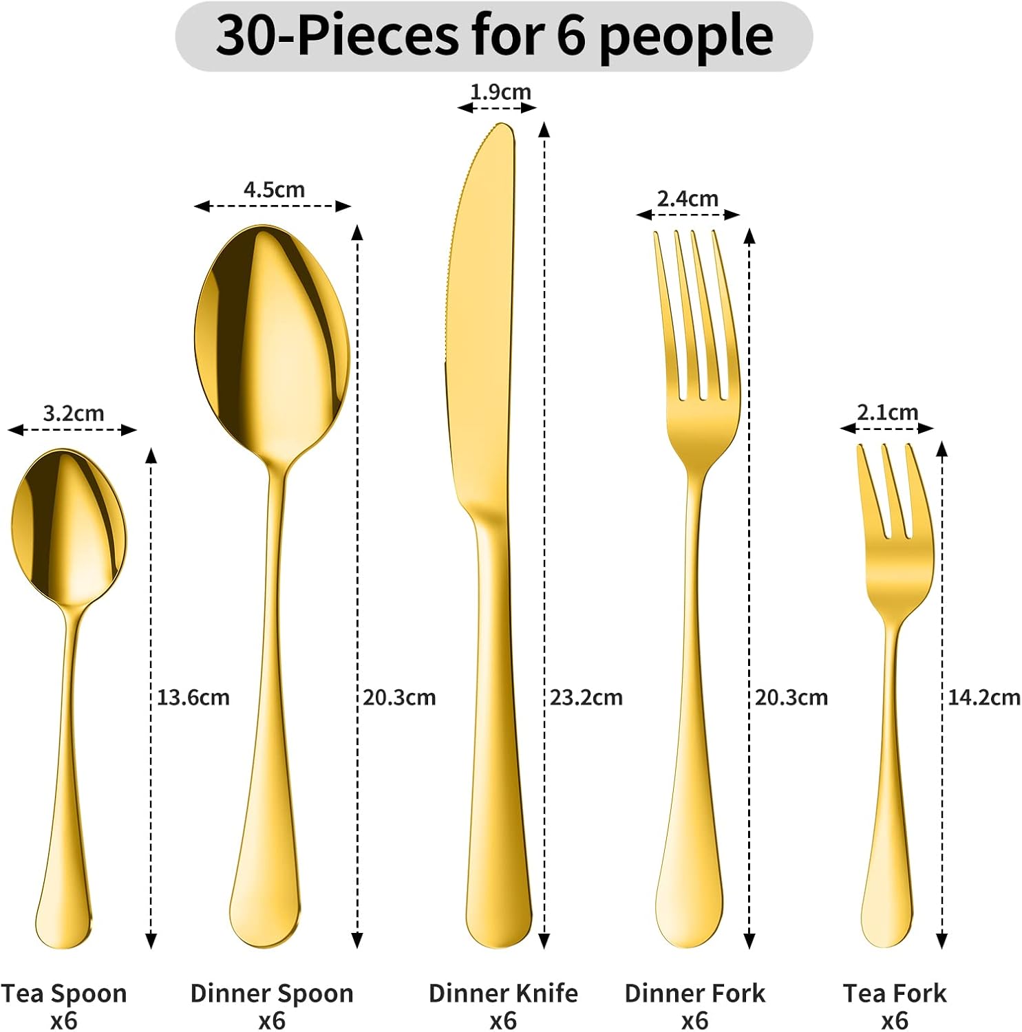 Aoeeppa Set di Posate, 30 Pezzi per 6 Persone, Posate Acciaio Inox, Lucidate a Specchio, Ideali per La Casa, Il Ristorante, Festa e Come Regalo, Lavabili in Lavastoviglie e Antiruggine (Oro)