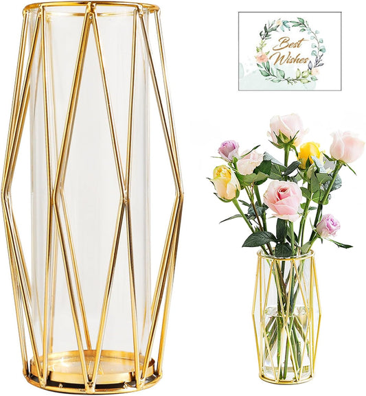 vaso decorativo da interno con Supporto Metallico Geometrico,Vaso di Fiori in Vetro,Vaso Geometrica,Vaso in Metallo Geometrico,Vaso Trasparente da 27 cm per Tavolo Casa Bagno Soggiorno Ufficio