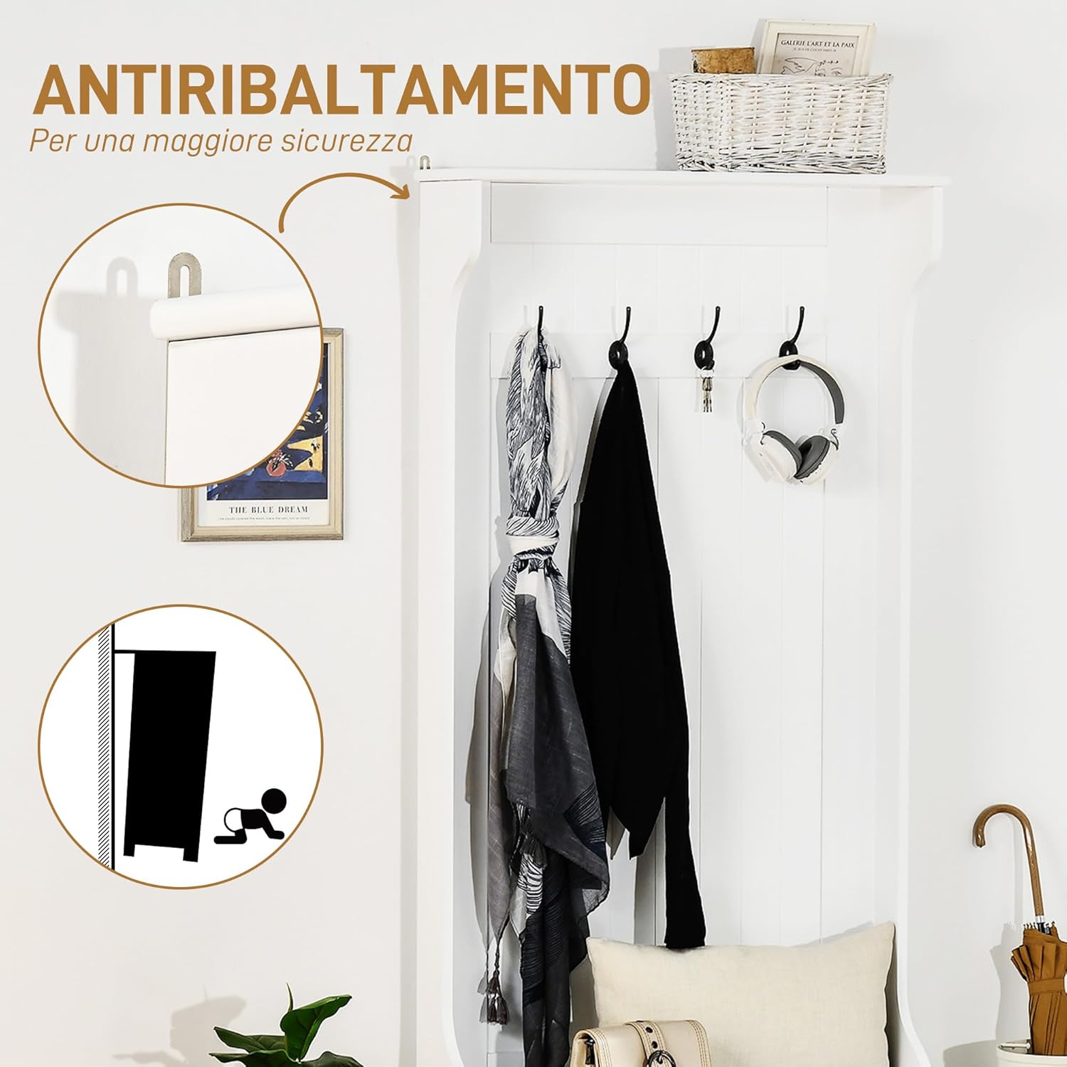 HOMCOM 3 in 1 Appendiabiti da Ingresso con Scarpiera, Attaccapanni da Terra Salvaspazio con 4 Ganci e Panca Contenitore, in MDF, per Corridoio, Camera da Letto, 71.5x39.5x170 cm, Bianco
