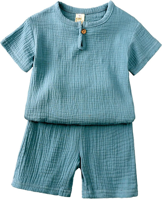 Completo Estivo Bambino Neonato Set Coordinato Tuta Camicia Cotone Lino Pantalocini Tinta Unita Outfit Neonato Abbigliamento Set Completo Estivo Bambino