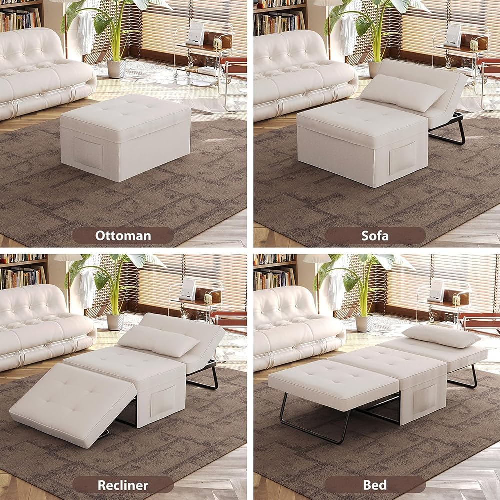 Divano Letto 4 in 1 con Tasca Portaoggetti Laterale, Divanetto Seduta Morbida e Imbottita ad Alta Densità Trasformabile Chaise Longue, Ottomana, Poggiapiedi, Letto (Beige)