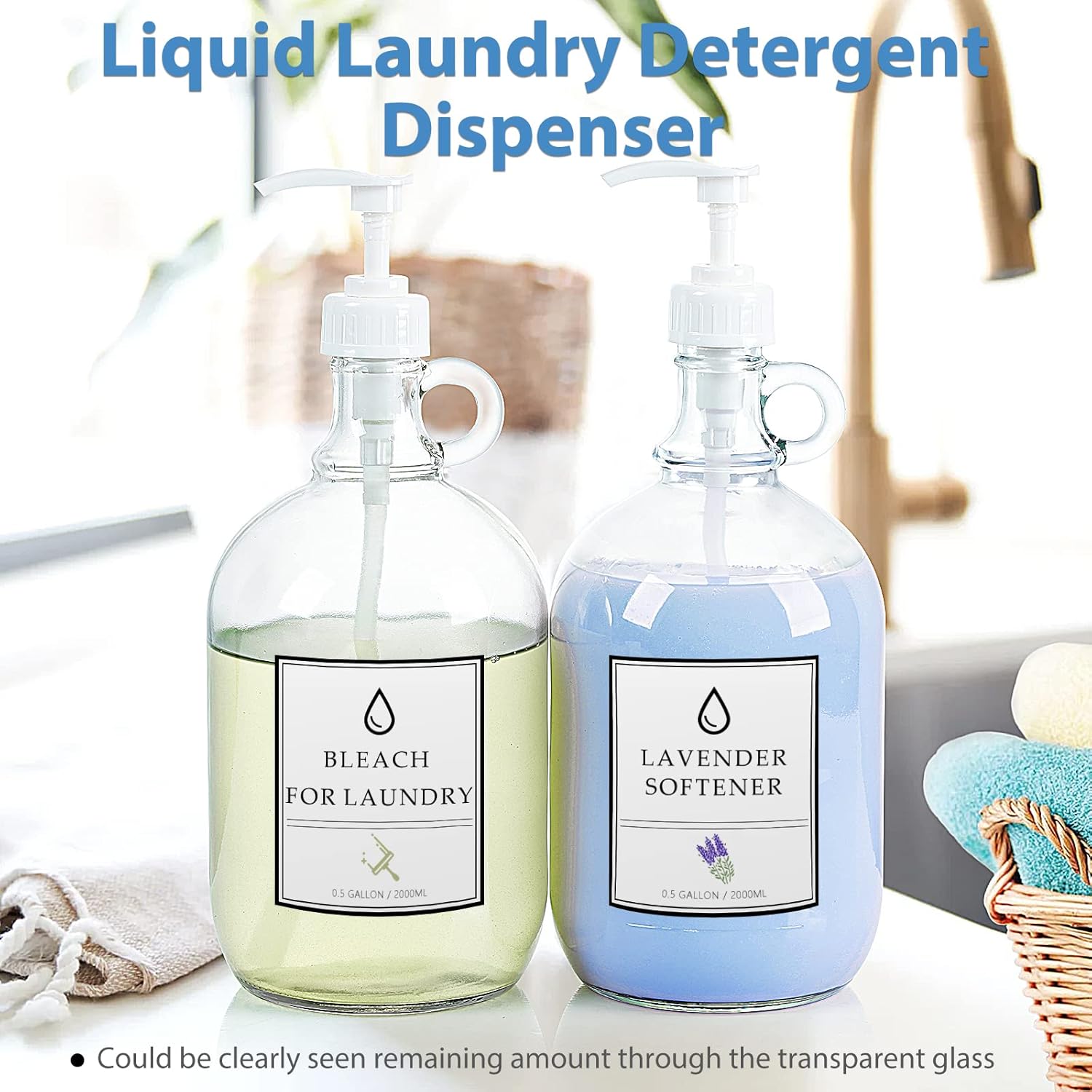 Confezione da 2 dispenser per detersivo per bucato con pompa e coperchio, bottiglia in vetro da mezzo gallone per dispenser di sapone per bucato, detersivo liquido, dispenser ammorbidente