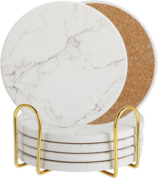 Sottobicchieri Con Supporto - Set Di 6 Sottobicchieri Ceramica - Absorbants Coasters Fondo Antiscivolo - Assorbimento Rapido Dell’Acqua - Motivo Marmo