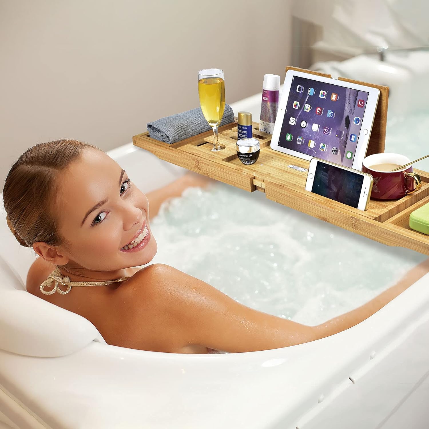 Vassoio di Bambù Retrattile Vasca da Bagno,Vassoio espandibile Pieghevole in Bambù con Supporto per Bicchiere di Vino,Supporto per iPad e Portasapone per la Casa,la Spa e il Vassoio