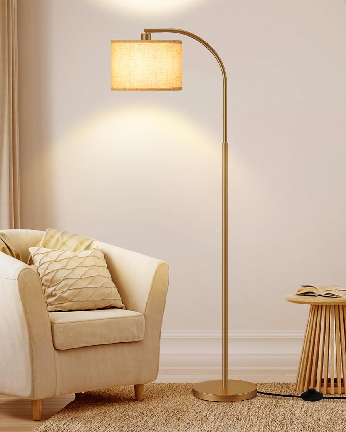 EDISHINE Lampada da terra per soggiorno, lampada ad arco con paralume in lino beige, lampada da terra dorata da 161 cm con paralume regolabile, attacco E27 (Lampadina fornita)