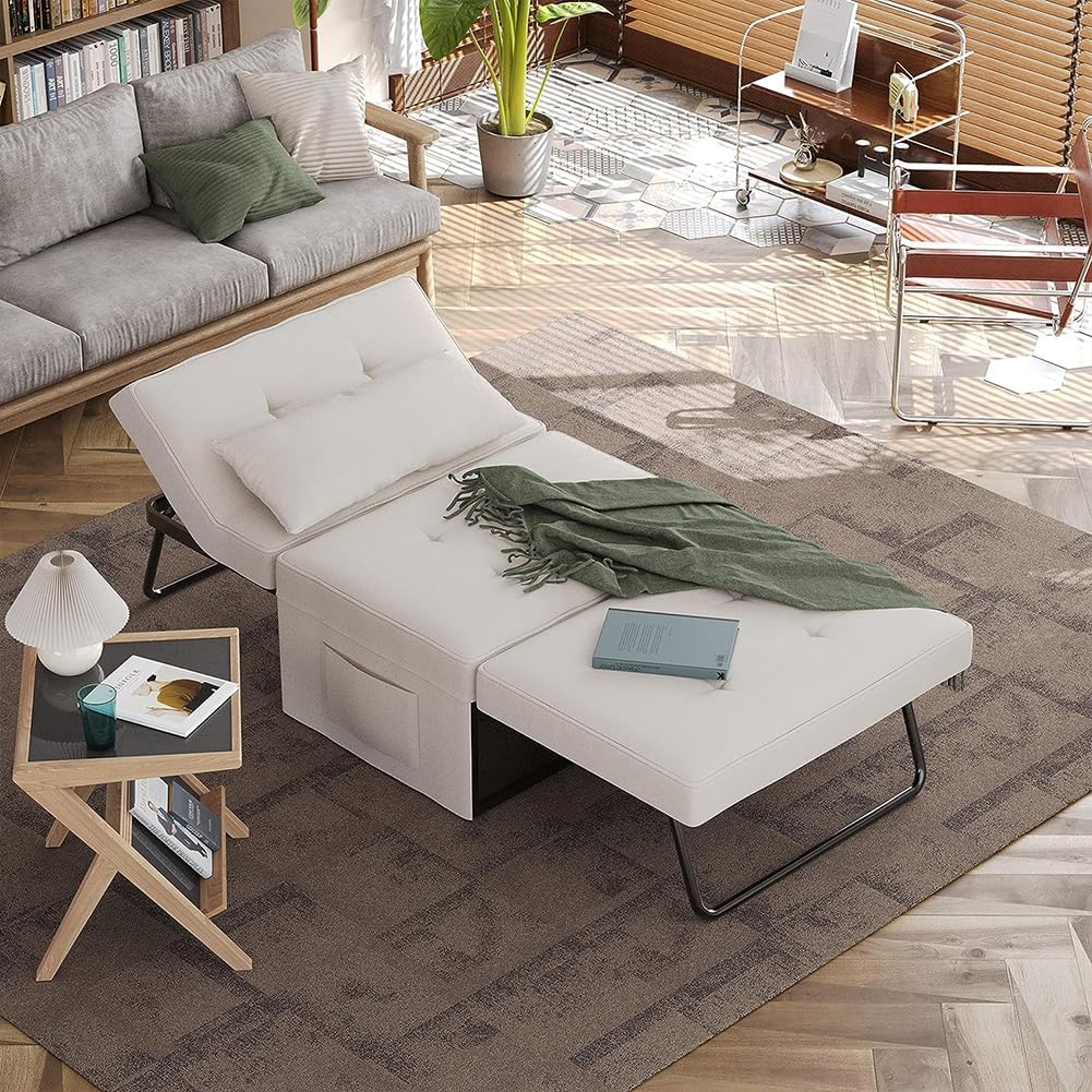 Divano Letto 4 in 1 con Tasca Portaoggetti Laterale, Divanetto Seduta Morbida e Imbottita ad Alta Densità Trasformabile Chaise Longue, Ottomana, Poggiapiedi, Letto (Beige)