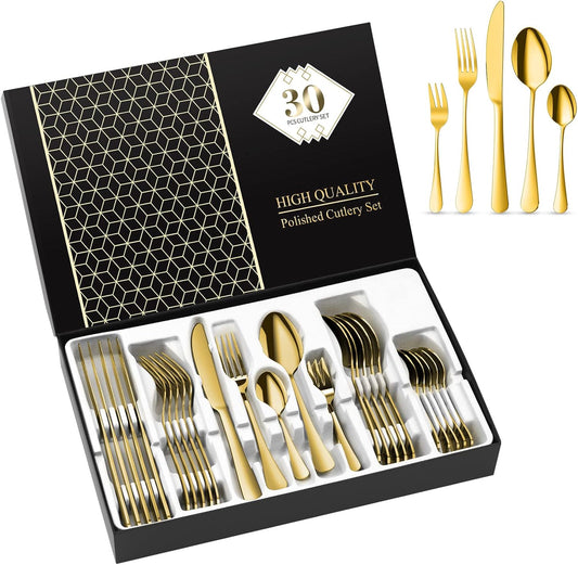 Aoeeppa Set di Posate, 30 Pezzi per 6 Persone, Posate Acciaio Inox, Lucidate a Specchio, Ideali per La Casa, Il Ristorante, Festa e Come Regalo, Lavabili in Lavastoviglie e Antiruggine (Oro)
