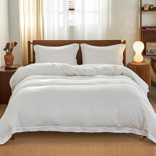 Simple&Opulence Set copripiumino in lino lavato a pietra naturale al 100% biancheria da letto in 3 pezzi con ricamo solido 1 copripiumino e 2 federe(King 230x220cm,Bianca)