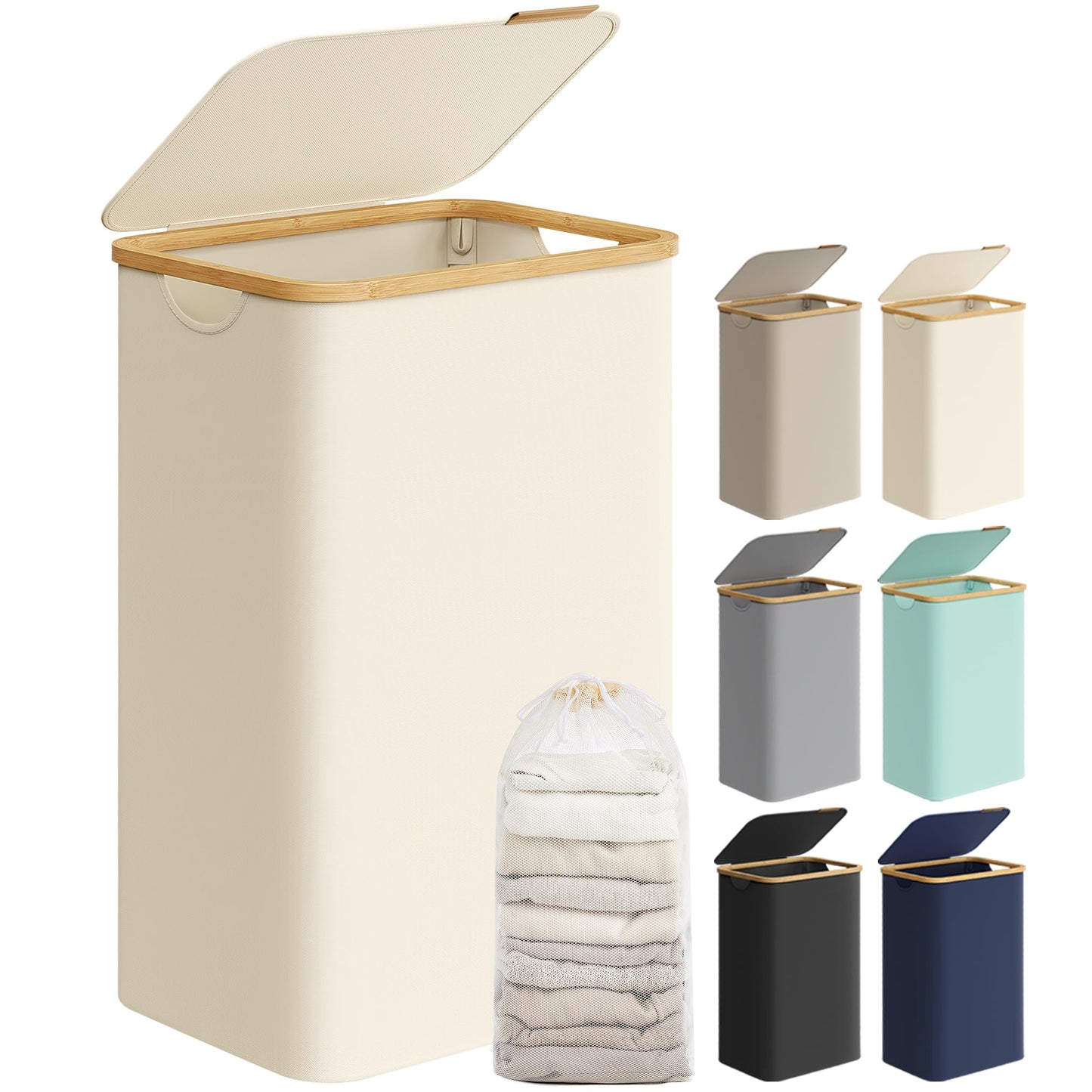 SONGMICS Cesto Portabiancheria con Coperchio, Cesta per Bucato, 65L, Salvaspazio, Sacco Rimovibile, Tessuto Oxford, Manici di Bambù, Pieghevole, 42 x 22,5 x 70,5 cm, Nero Inchiostro LCB506B01