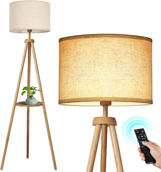 OUTON Lampada da Terra Treppiede in Legno Solido, Piantana da Salotto con Telecomando, Dimmerabile e 3000K-6000K, Lampada da Terra con Ripiano Portaoggetti per Soggiorno, Camera, Ufficio