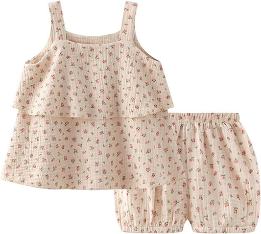 2 Pezzi Pagliaccetto Neonato Estivo Elegante Abbigliamento Top Senza Maniche Floreale + Pantaloncini Completo Bambina Set Abiti Abbigliamento Bambino per Ragazze 12 Mesi-4 Anni