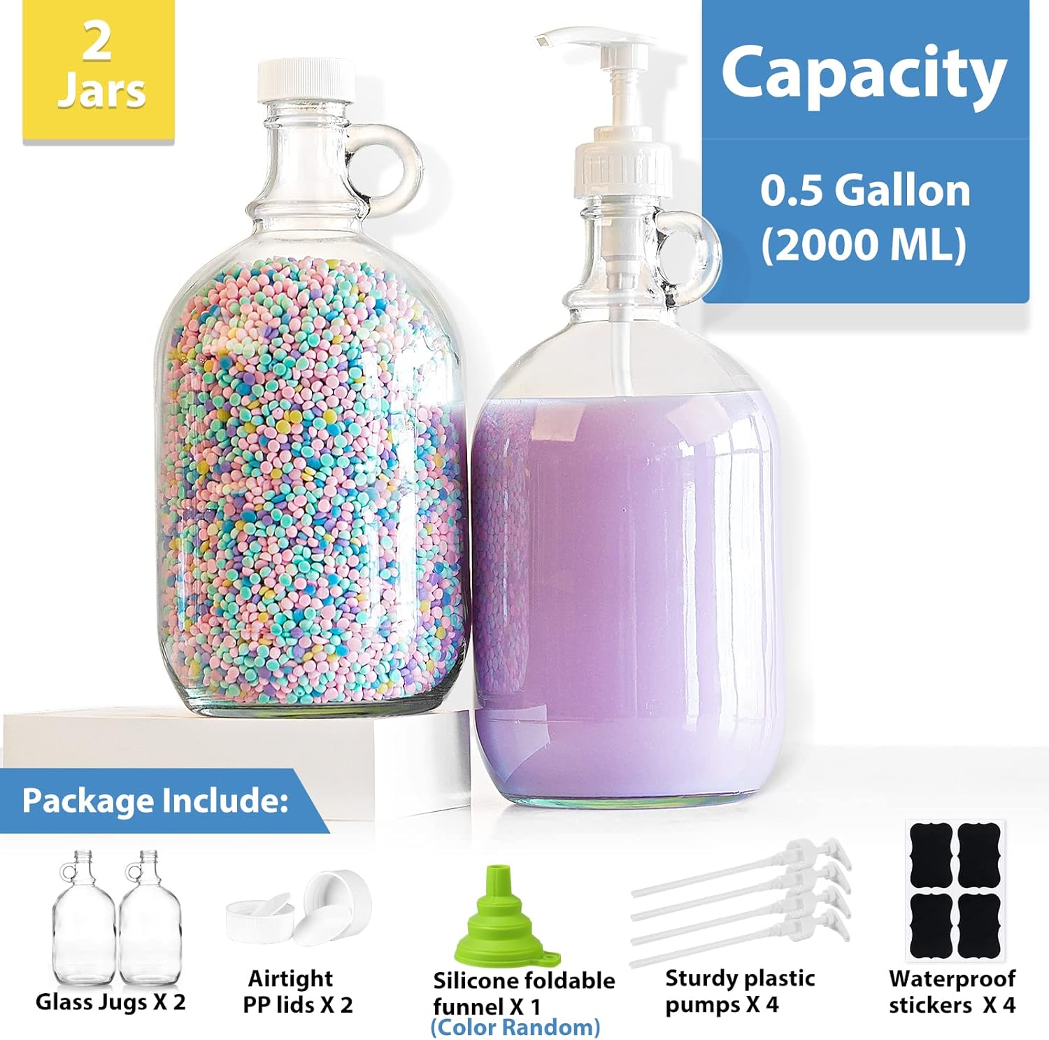 Confezione da 2 dispenser per detersivo per bucato con pompa e coperchio, bottiglia in vetro da mezzo gallone per dispenser di sapone per bucato, detersivo liquido, dispenser ammorbidente