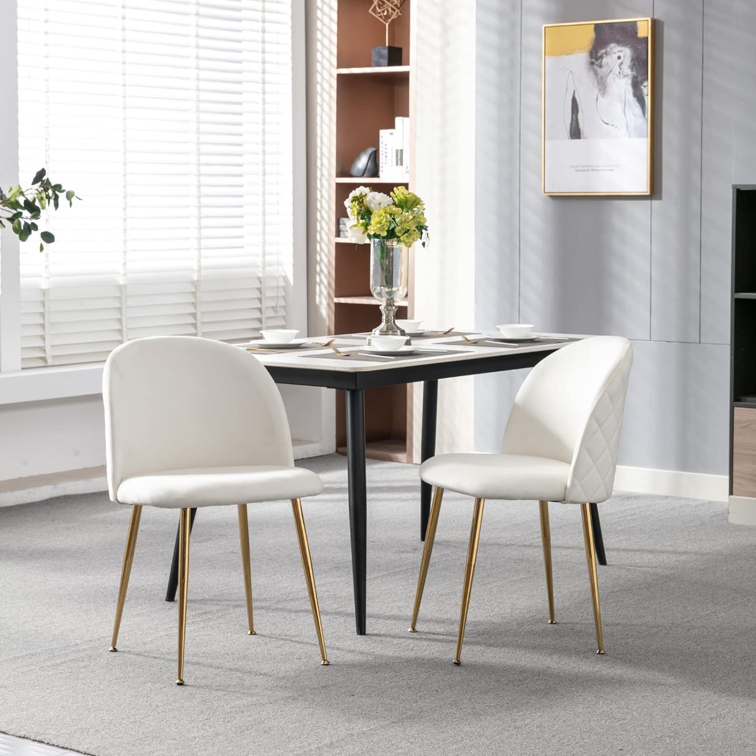 Set 4 pezzi Sedie Velluto Sala da Pranzo Moderne Sedie Cucina Beige Sedie Imbottite con Alto Schienale per Camera da Letto Soggiorno Gambe in d'Oro Metallo Regolabili