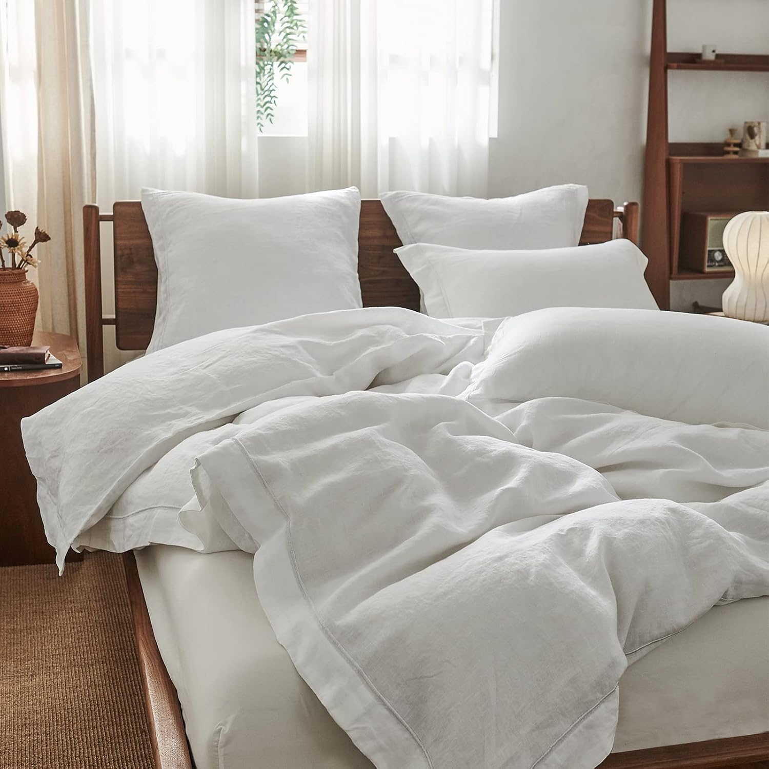 Simple&Opulence Set copripiumino in lino lavato a pietra naturale al 100% biancheria da letto in 3 pezzi con ricamo solido 1 copripiumino e 2 federe(King 230x220cm,Bianca)